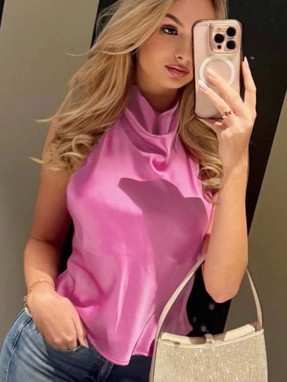 Pink Satin Cowl Halter Draped Neck Low Back Blouse Top